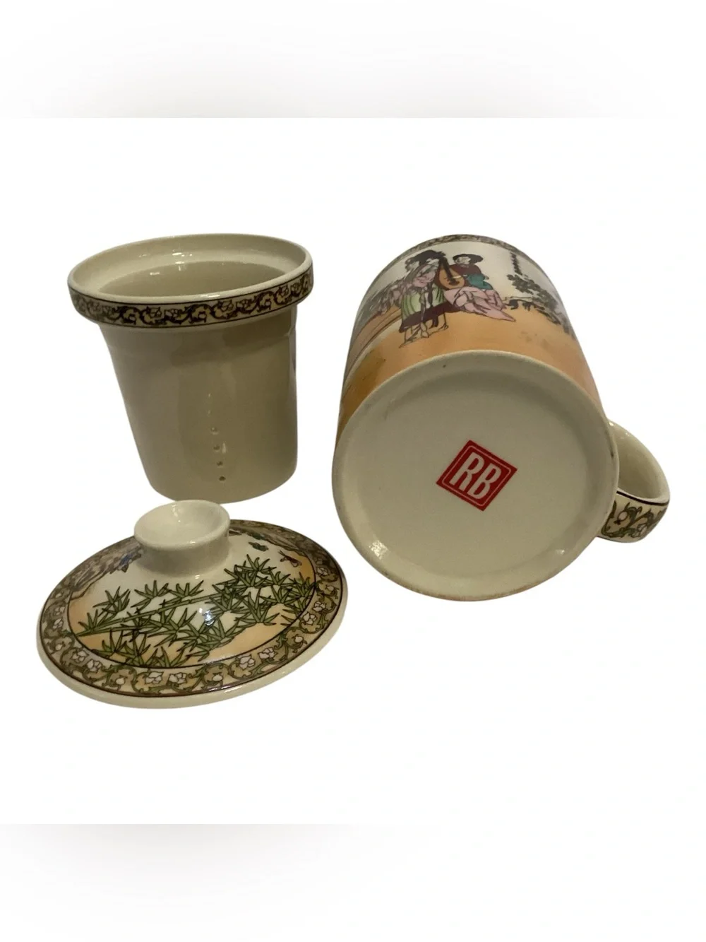 Vintage RB Asian Chinese Tea Infuser Mug Strainer Lid Geisha Floral Bamboo